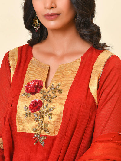 Radiant red and gold cotton kurta and pant with georgette dupatta