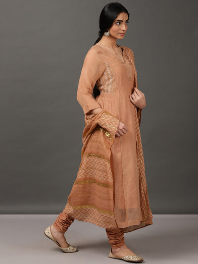 Beige Kalidaar Kurta With Churidar & Inner With Dupatta
