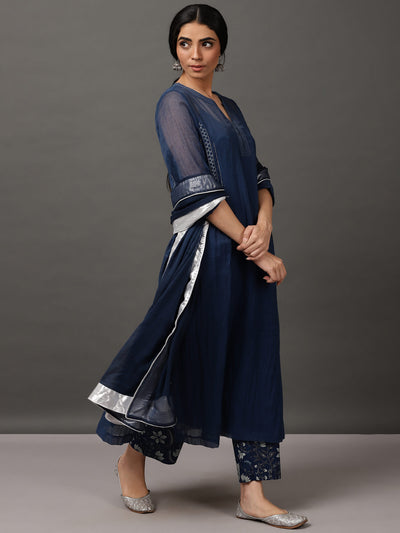 Blue Kalidaar Kurta With a Cotton Cami paired with an Indigo Printed Pant and Dupatta
