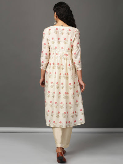 Off White Printed Chanderi Kurta Pants Set