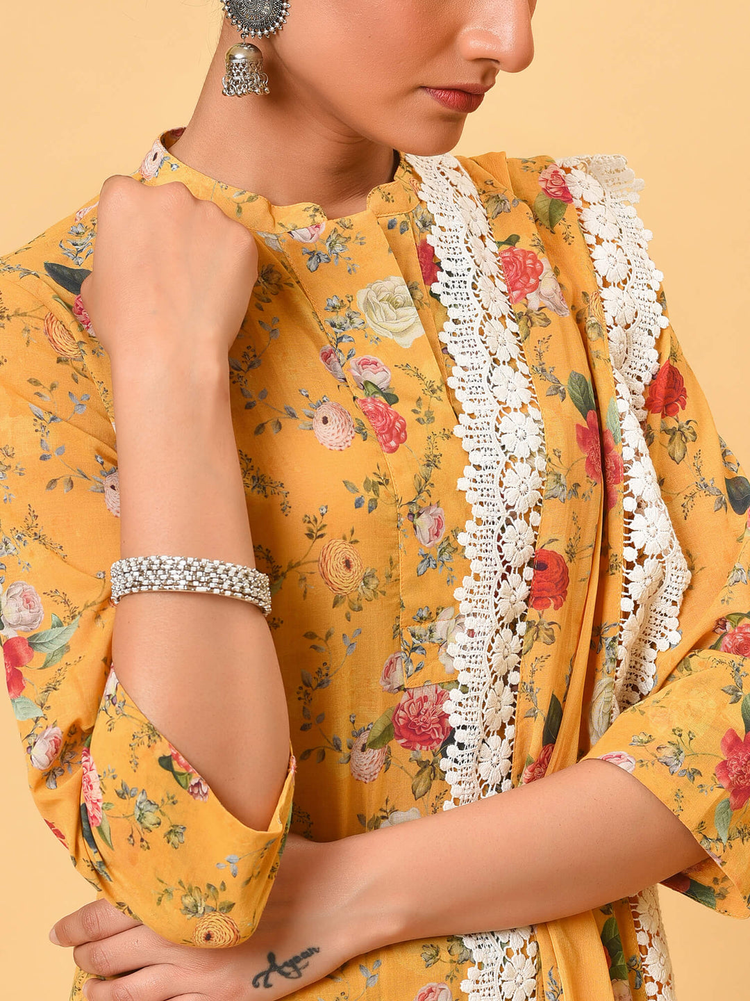 Beaming sunshine yellow print kurta pant and dupatta