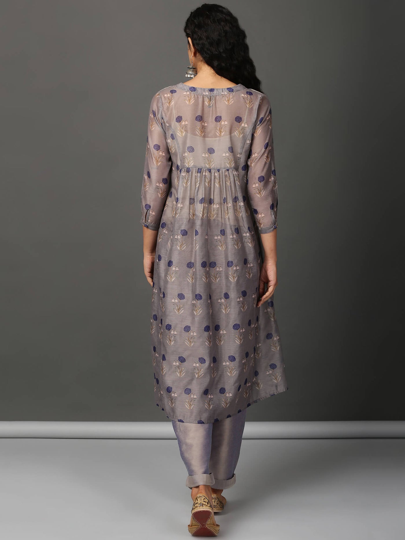 Sky Grey Printed Chanderi Kurta Pants Set