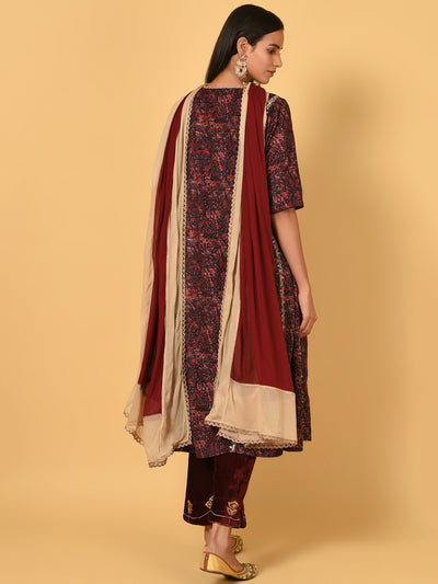 Classic in the printed Maroon velvet Kurta Pant Dupatta set