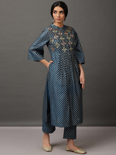 Midnight Blue Gold Block Print Kurta And Pant With Camisole