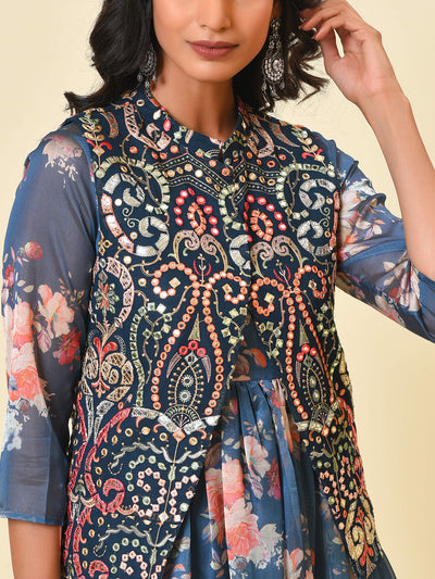 Printed Chanderi Kurta & Mirror work Jacket