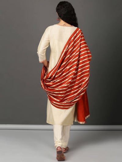 Off White Art Silk Angrakha Churidar & Dupatta Set