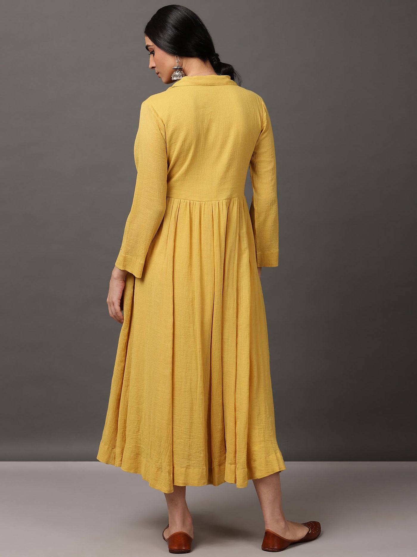 Mustard Cotton Crepe Dress With Pockets