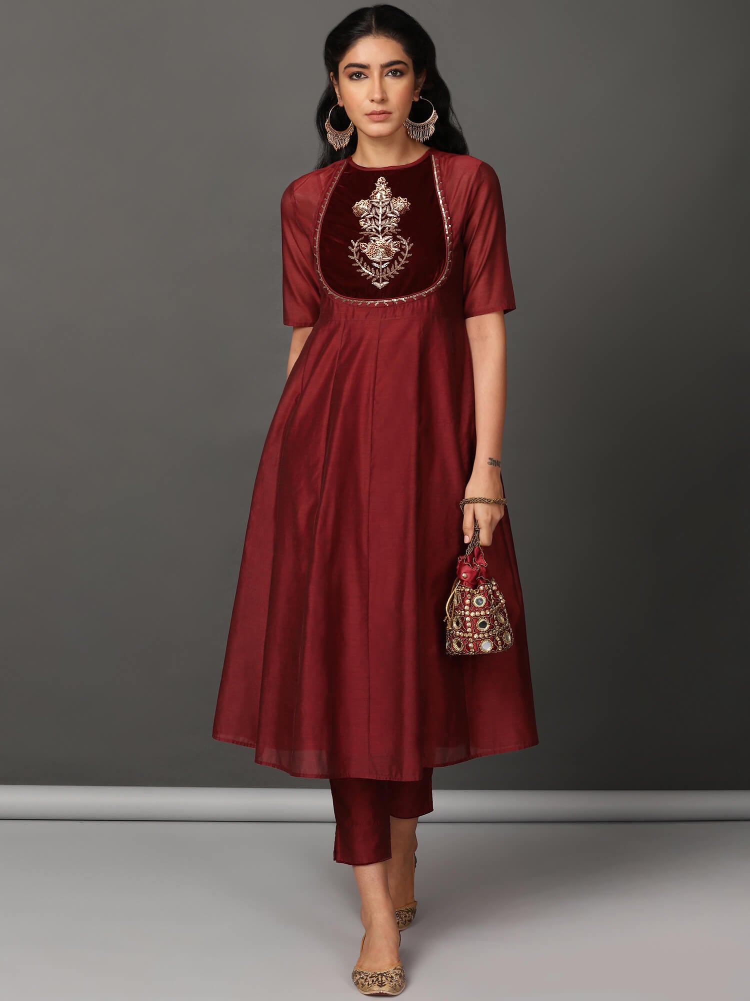 Maroon Chanderi Kurta & Pants Set