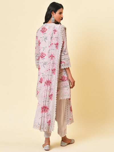 Ash Pink floral Georgette Kurta and Pant with Dupatta