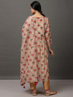 Beige Ditsy Print Chanderi Kurta Set with Dupatta