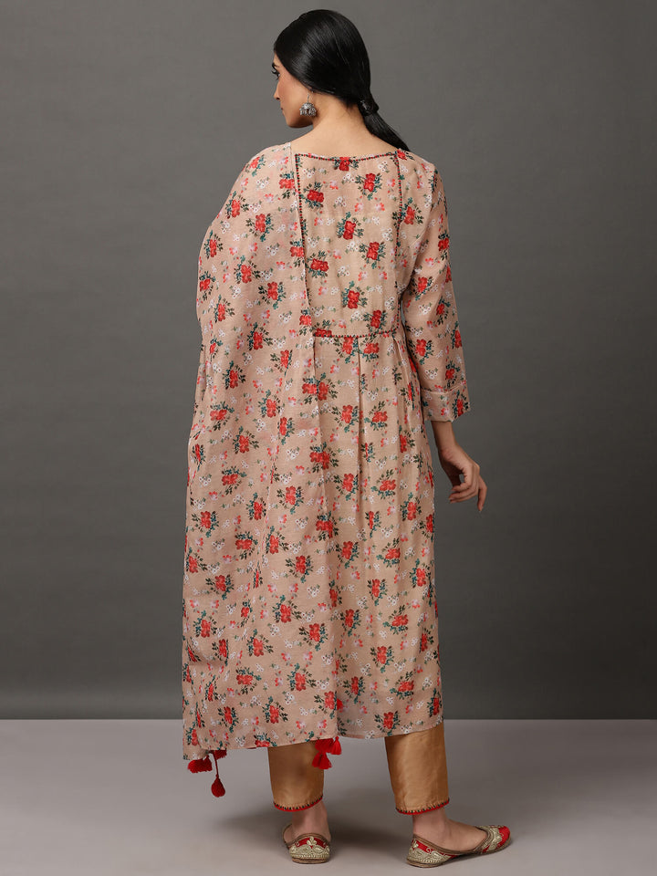 Beige Ditsy Print Chanderi Kurta Set with Dupatta