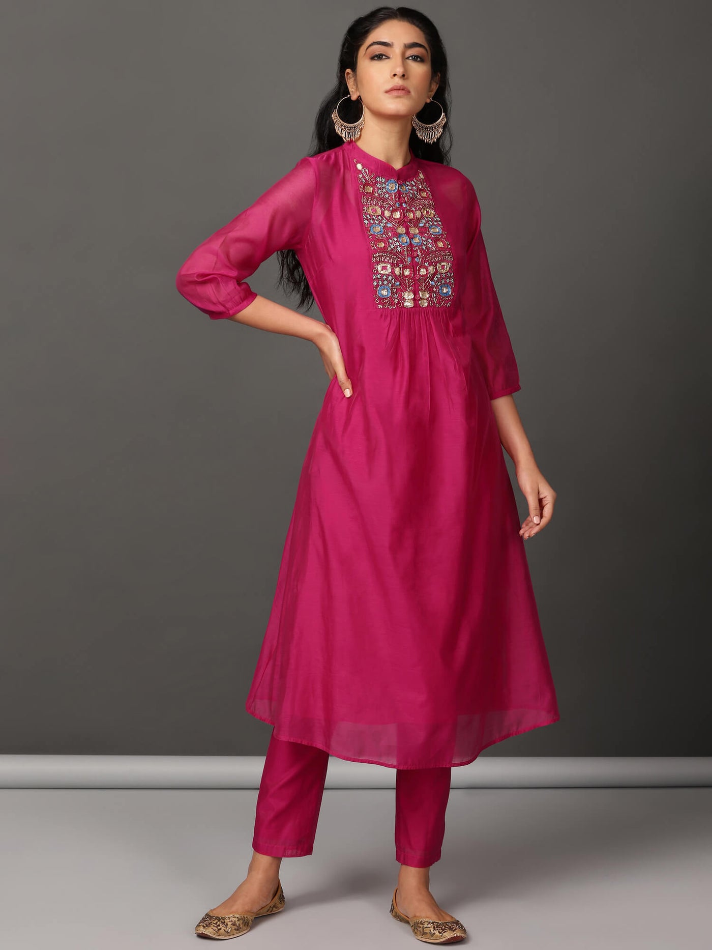 Fuchsia Pleated Chanderi Kurta & Pants Set