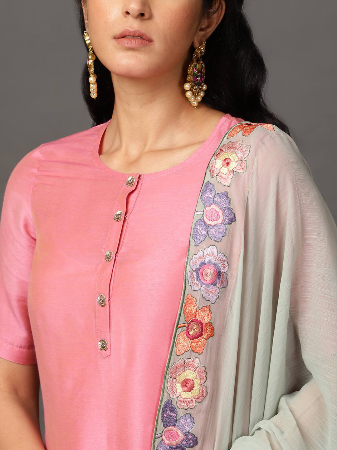 Pink Art Silk Kurta, Pants & Dupatta Set