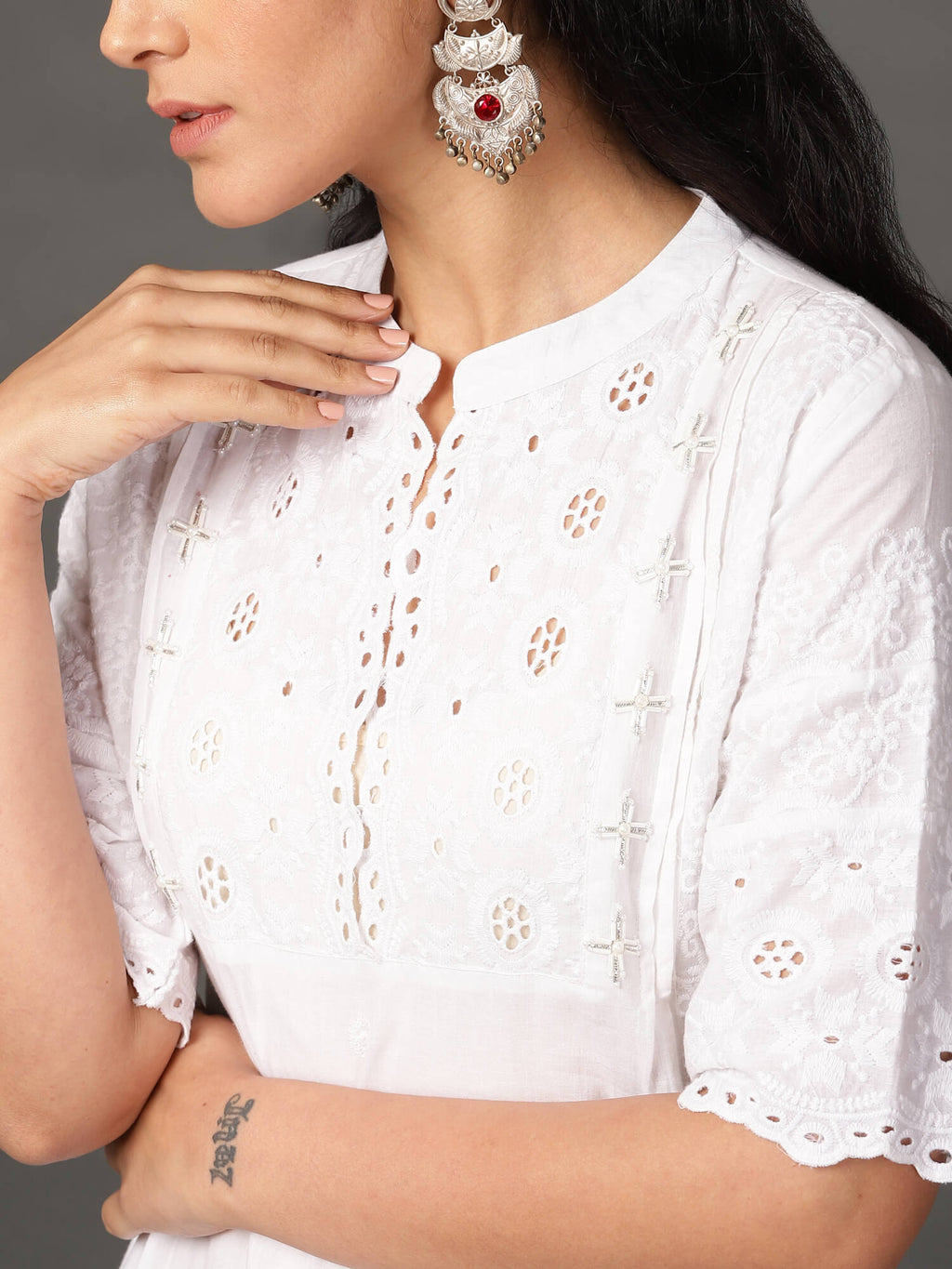 White Schiffly Kurta & Salwar Set