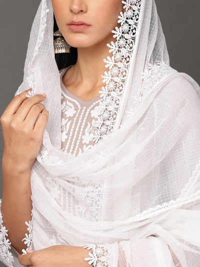 Grey Cotton Kurta, Pants & Dupatta Set