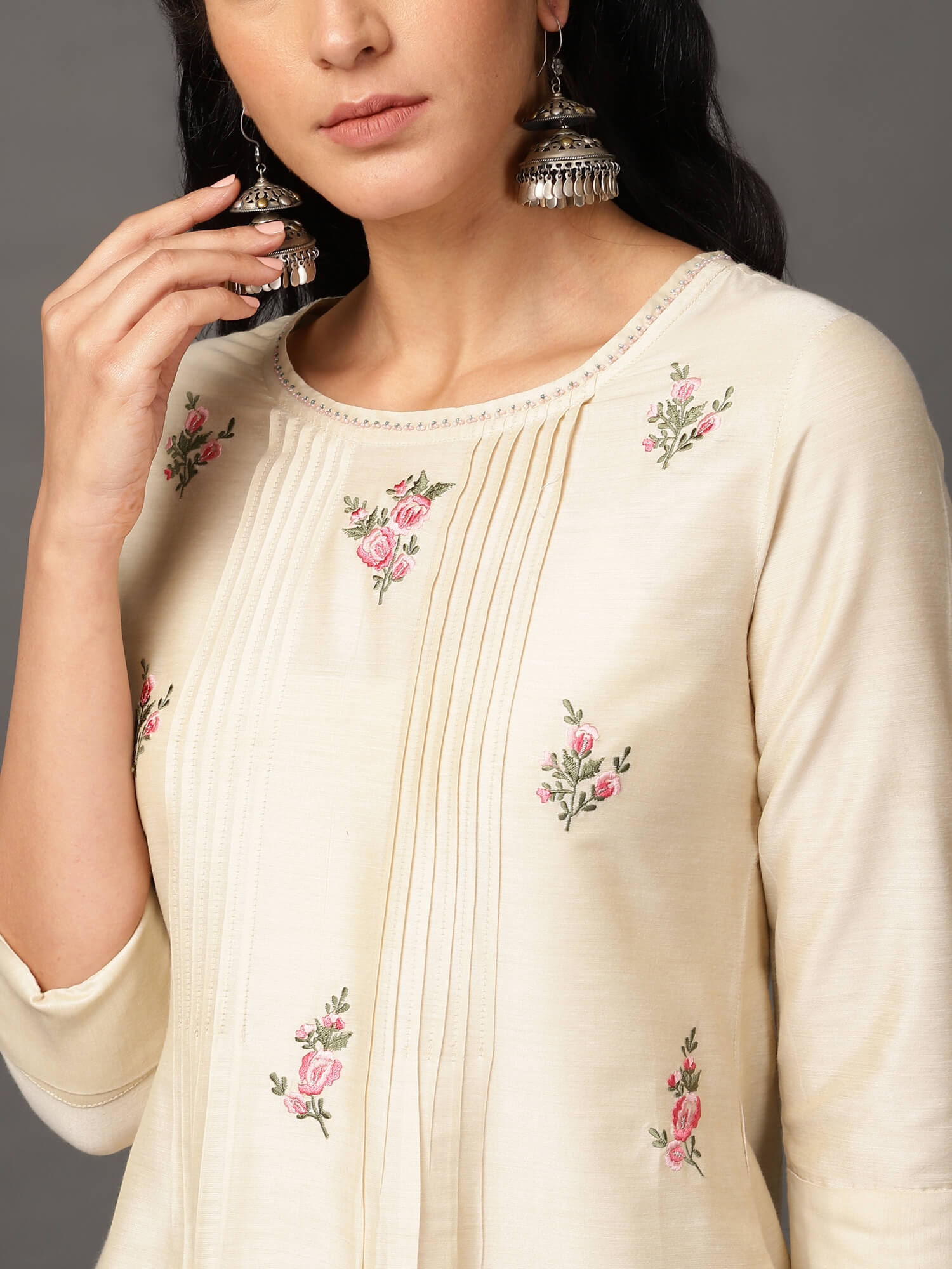 Ivory Beige Floral Embroidered Art Silk Kurta Set