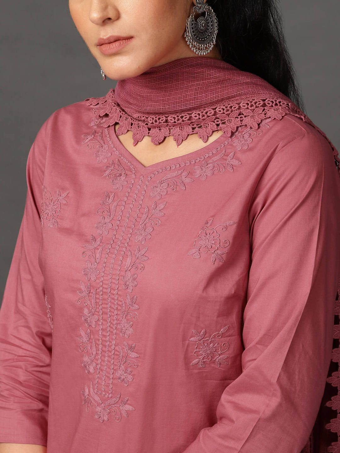Pink Cotton Kurta, Pants & Dupatta Set