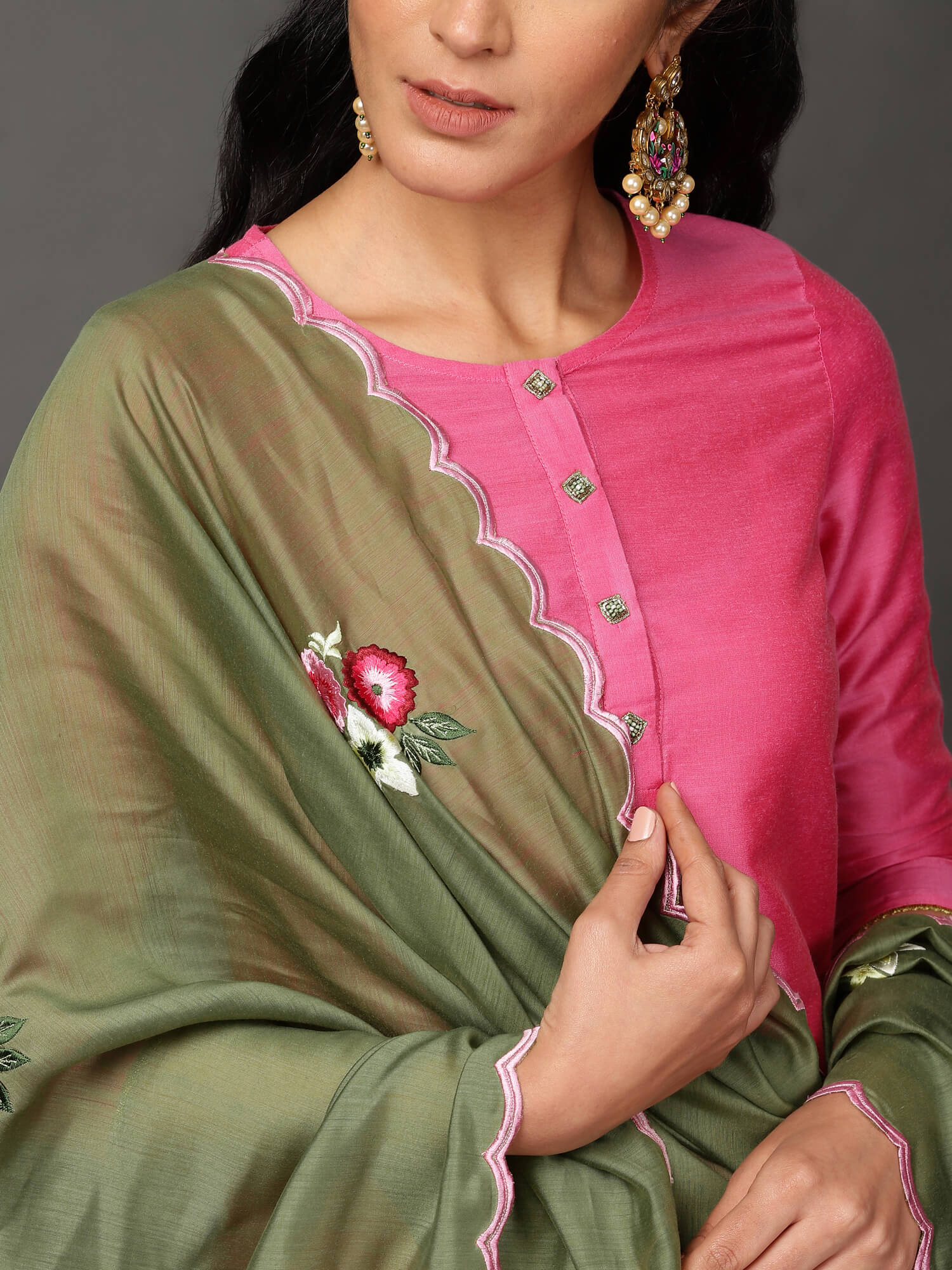 Pink Art Silk Kurta with pants and Olive Chanderi dupatta.