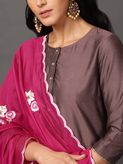 Brown Art Silk Kurta, Pants & Dupatta Set