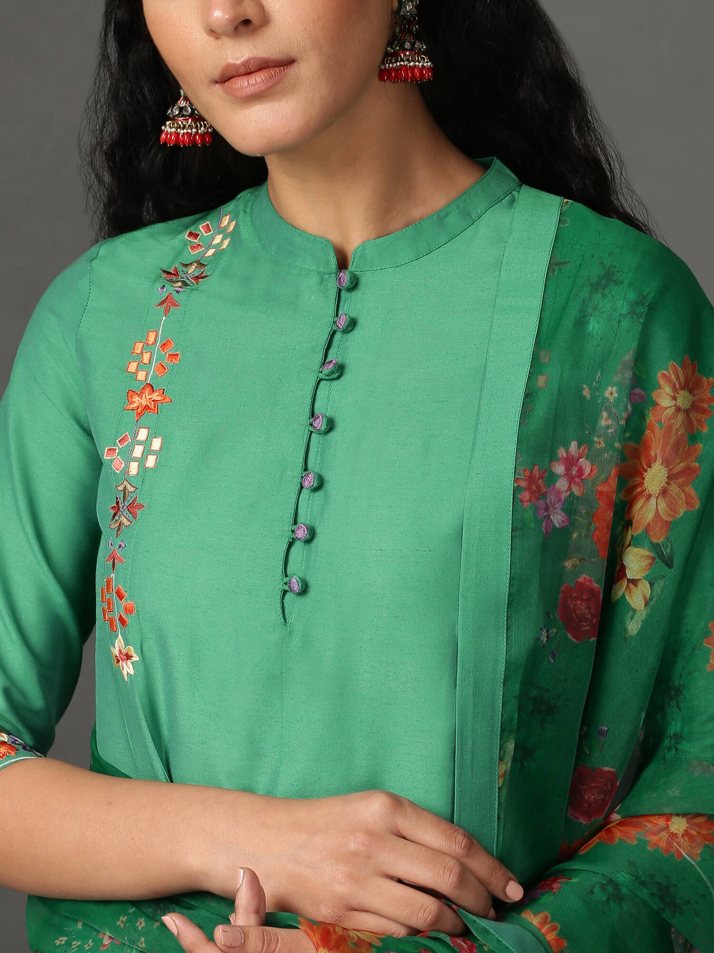 Green Art Silk Kurta, Pants & Dupatta Set