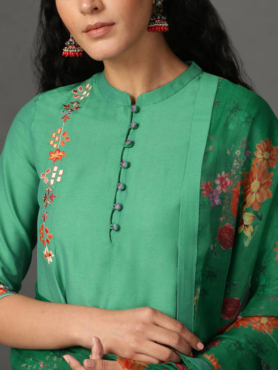 Green Art Silk Kurta, Pants & Dupatta Set