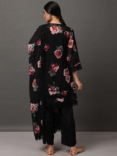 Black Short Floral Georgette Kurta And Pant With Dupatta & Camisole