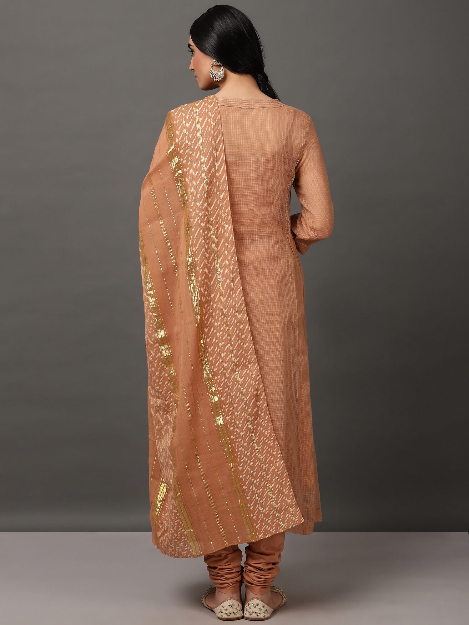 Beige Kalidaar Kurta Set with Churidar & Dupatta