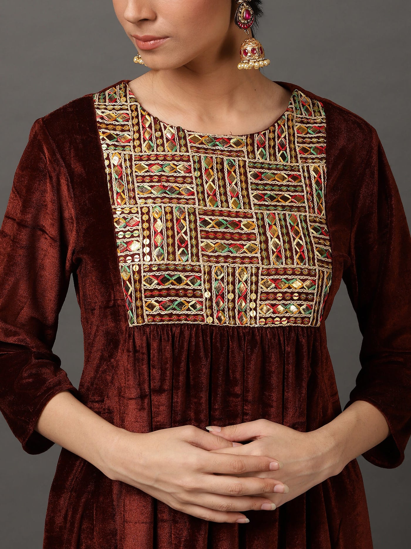 Toasted Coconut Velvet Embroidery Kurta With Pant