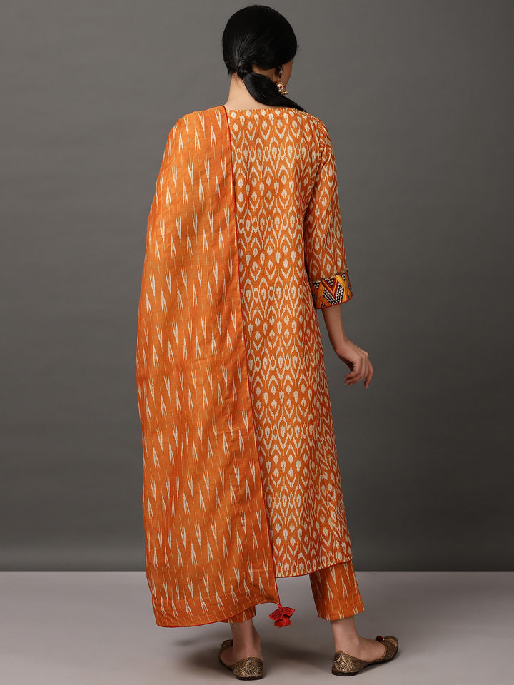 Mustard Ikat A Line Kurta And Pant With Dupatta & Camisole