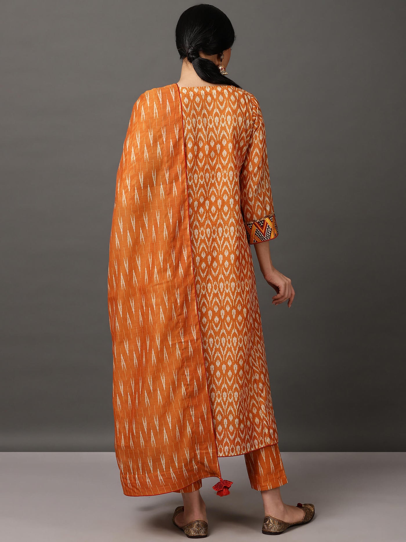 Mustard Ikat A Line Kurta And Pant With Dupatta & Camisole