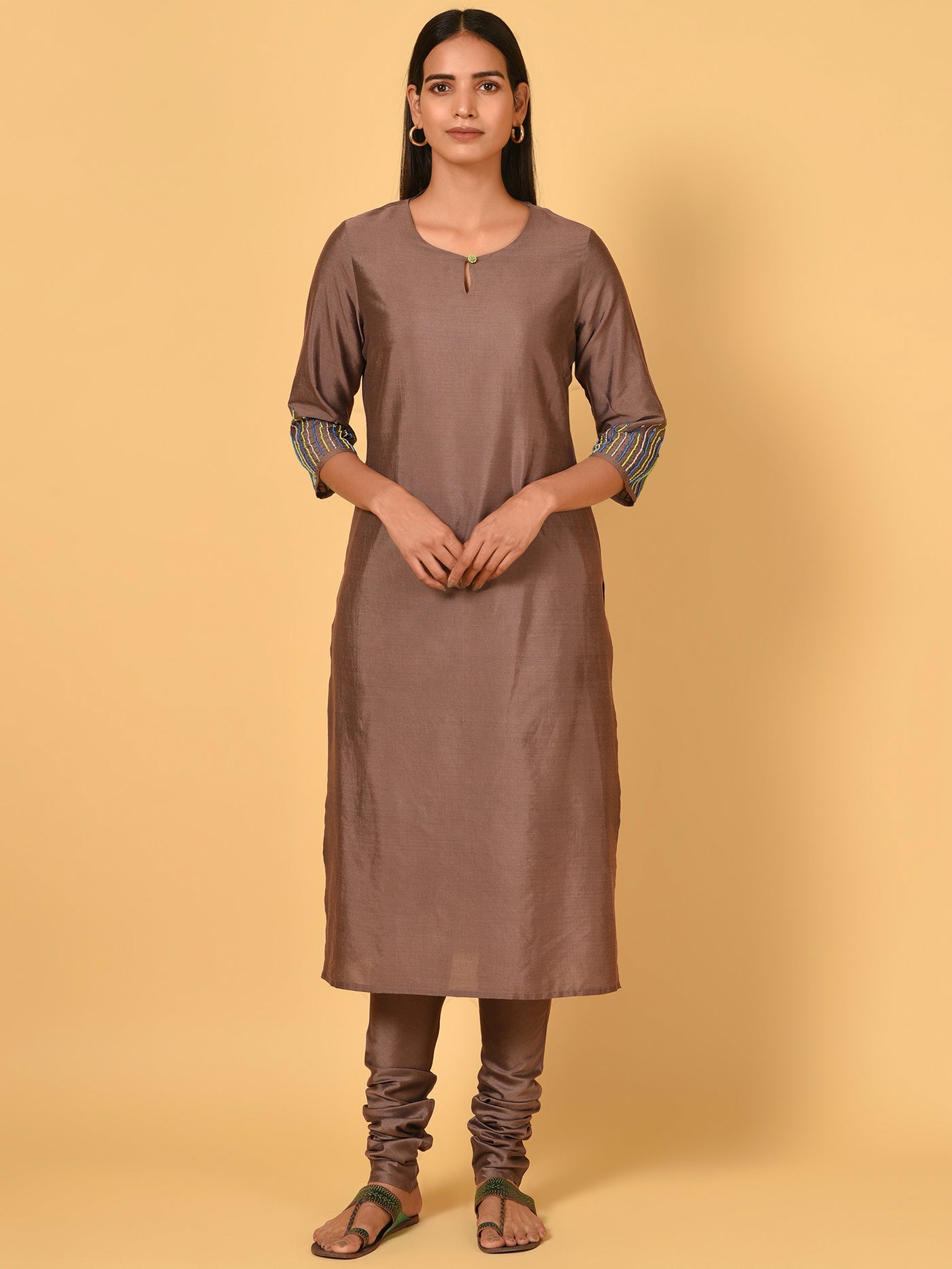 Classy straight Brown and Green Kurta churidar and jacket set