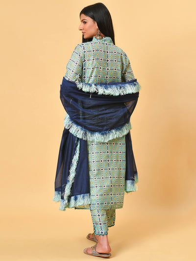 Printed Chanderi Kurta- Pant & Dupatta Set