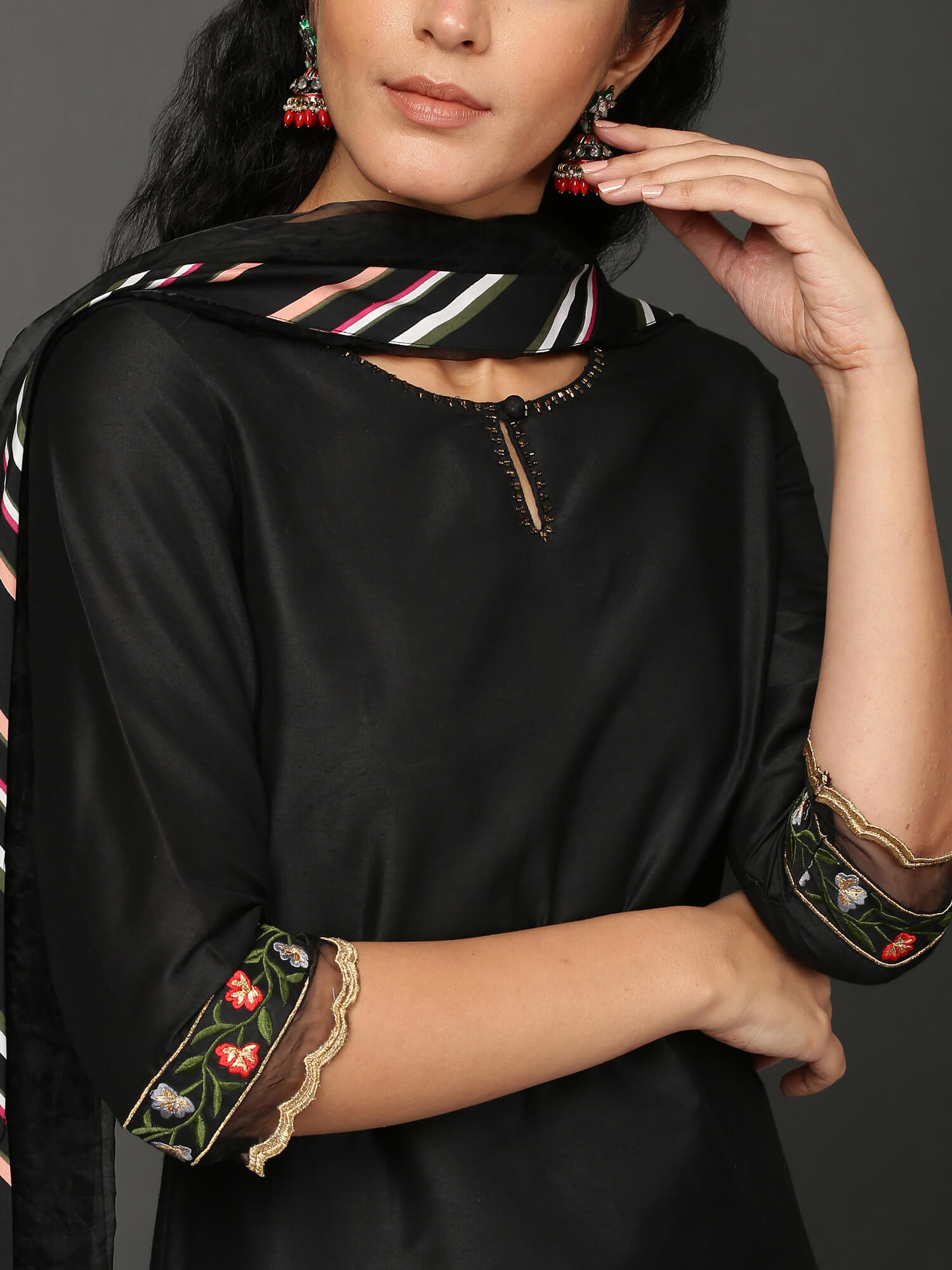 Black Art Silk Kurta Set  with Organza Dupatta