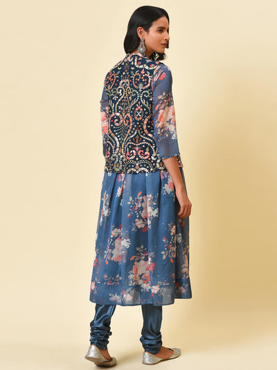 Printed Chanderi Kurta & Mirror work Jacket