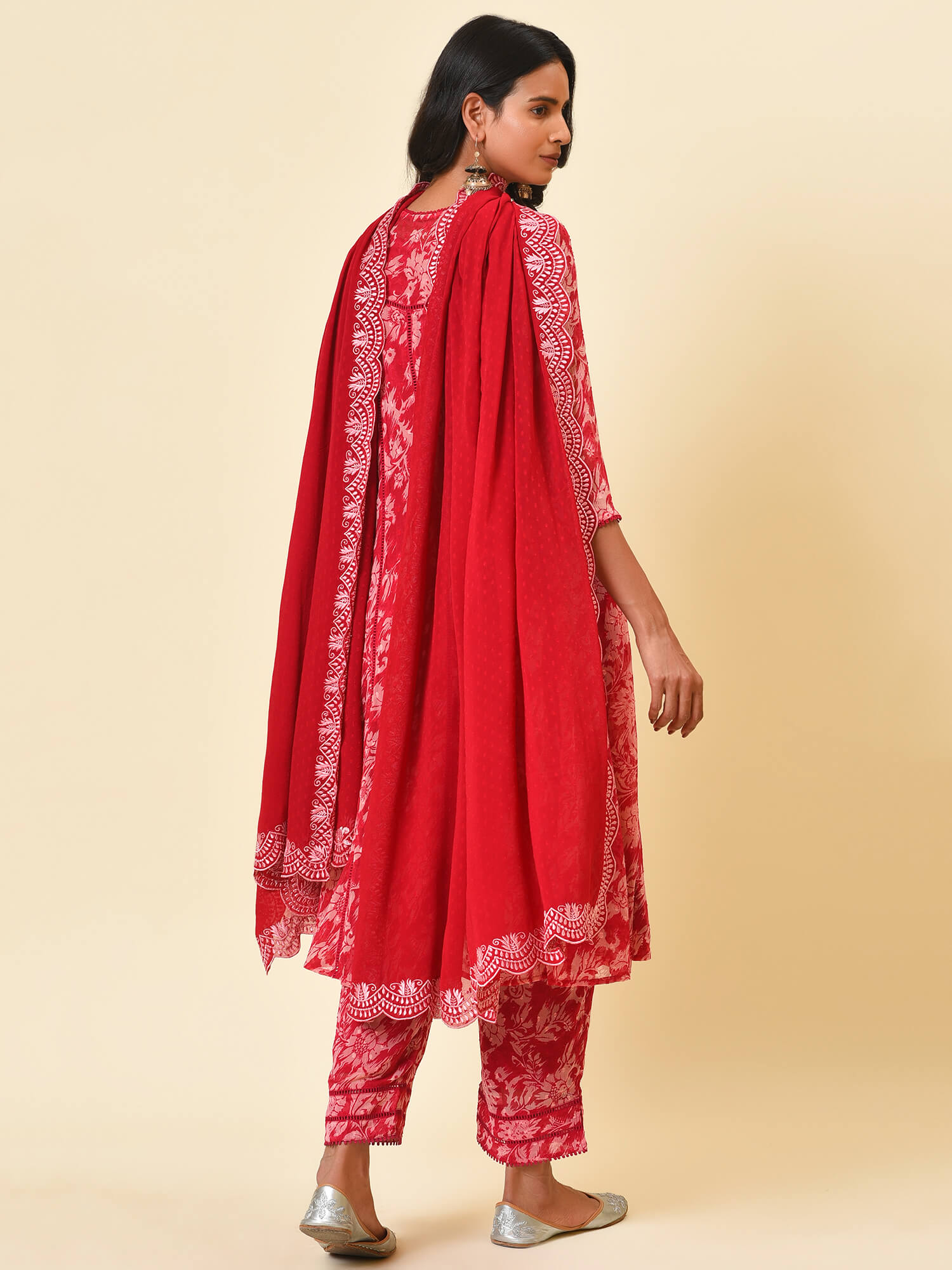 Raspberry & Wine Printed Kurta, Pant & Dupatta Set