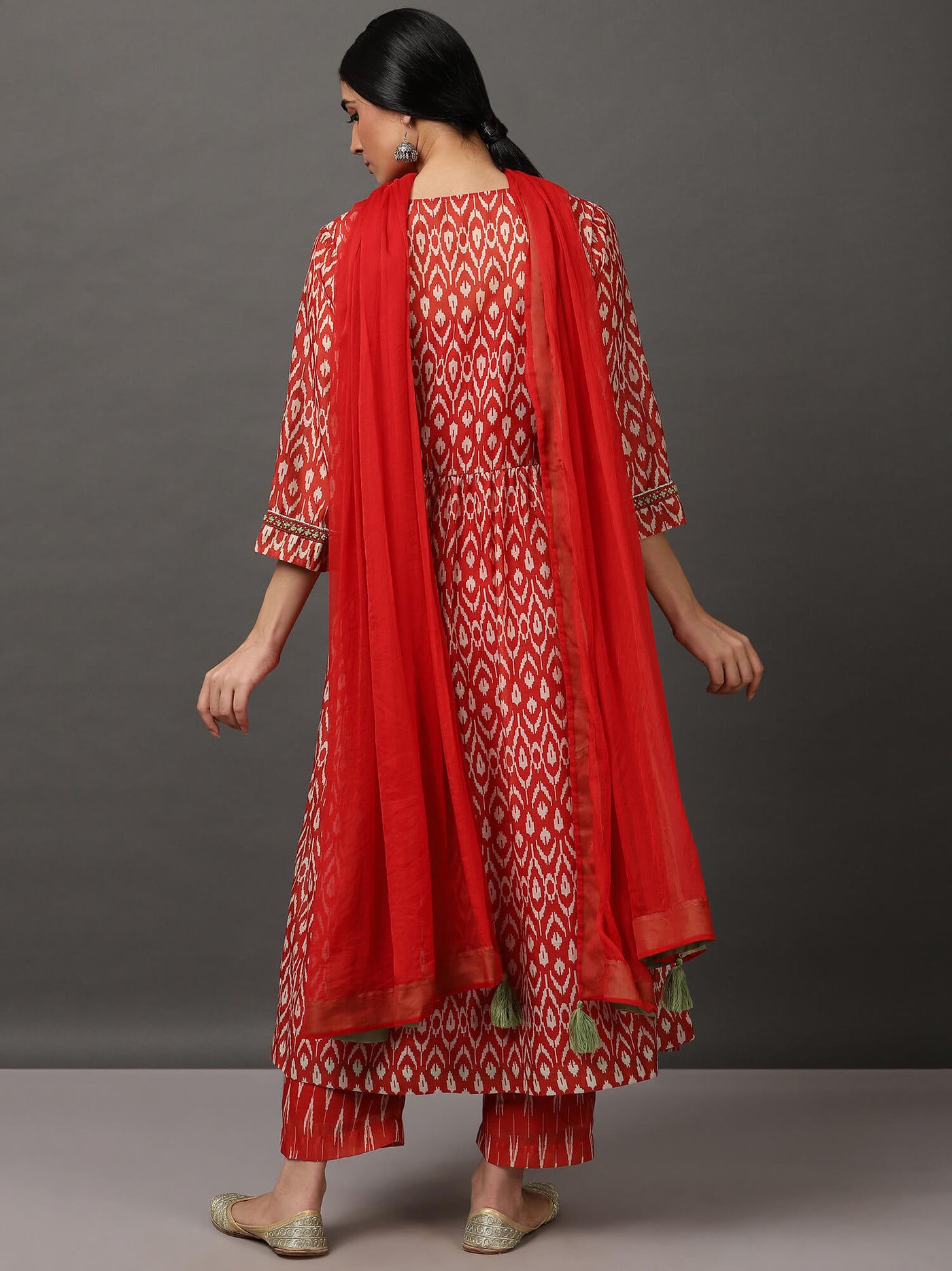 Maroon Ikat A Line Kurta And Pant With Dupatta & Camisole