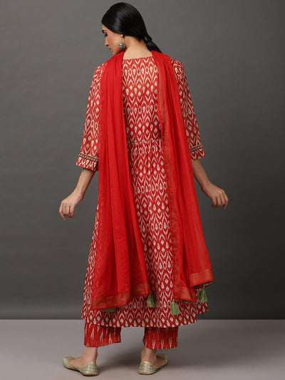 Maroon Ikat A Line Kurta And Pant With Dupatta & Camisole