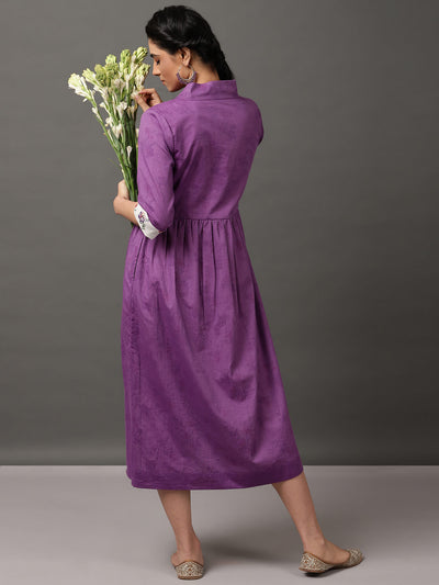 Purple Stripe Yarn Dyed Dress With Off White Printed Yarn Dyed Lining