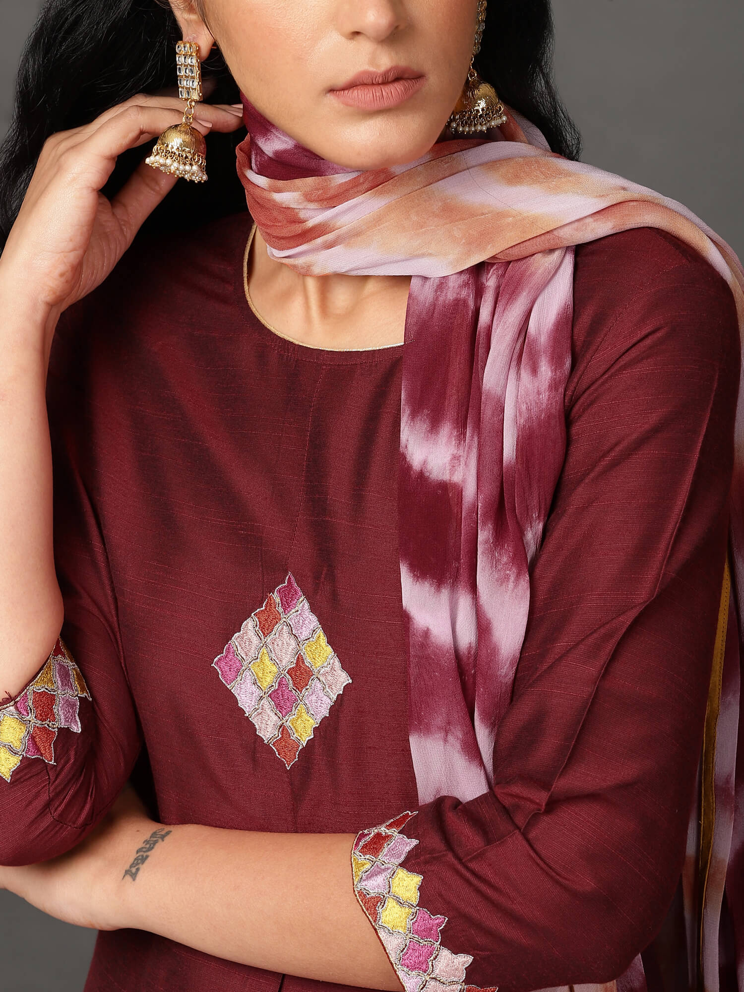 Art Silk Straight Kurta, Pants & Dupatta Set