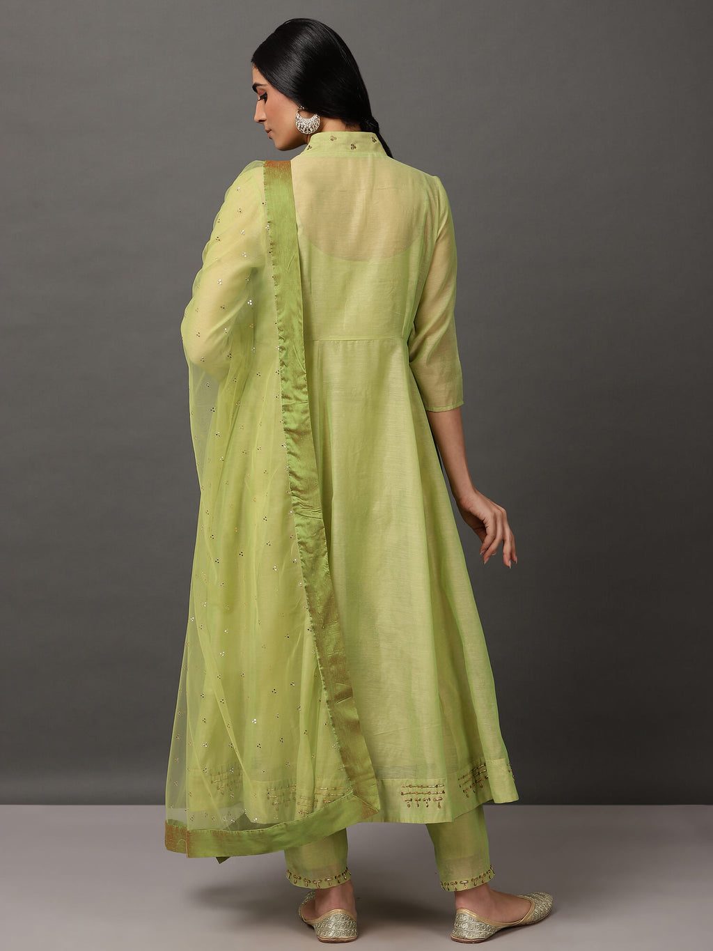 Lime Green Solid Kalidar Chanderi Kurta And Pant With Dupatta & camisole