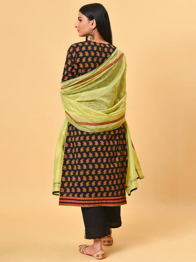 A Cherry black printed kurta with a black pant and Lime green chanderi dupatta