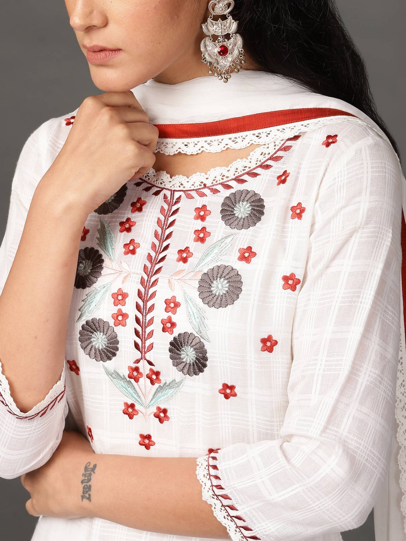 White Cotton Kurta, Pants & Dupatta Set