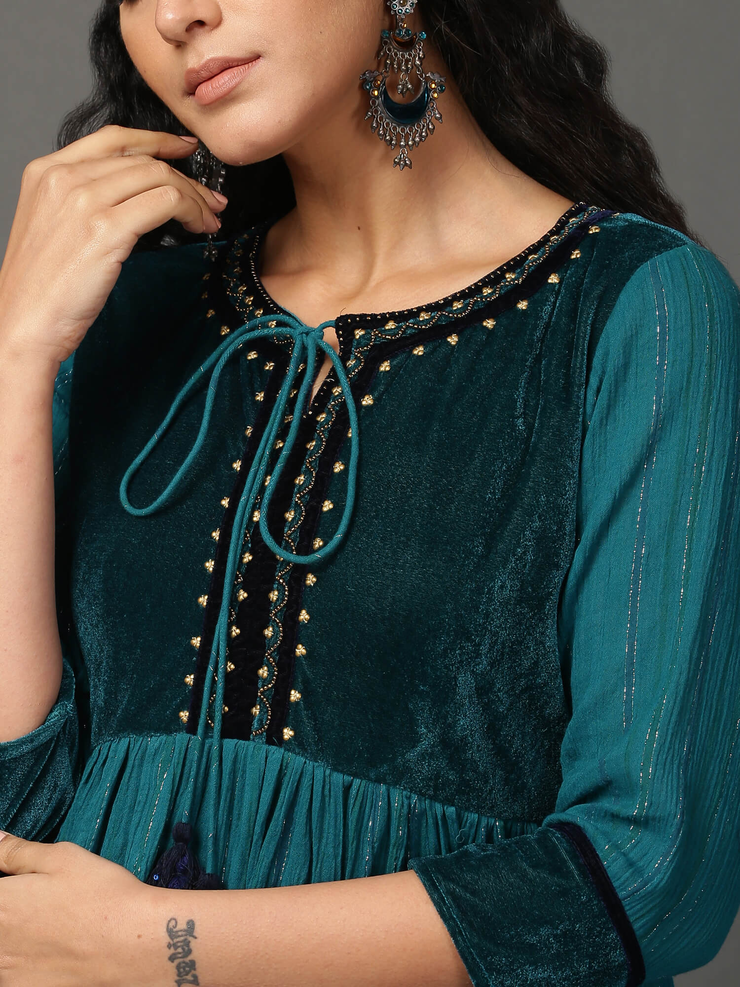 Teal Crinkled Kurta & Churidar Set