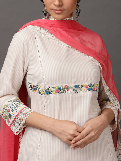 Off white & beige Kurta, Pant & Dupatta set