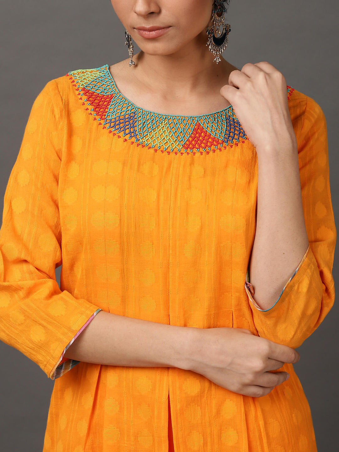 Orange Jacquard Kurta & Pant With Hand Embroidery