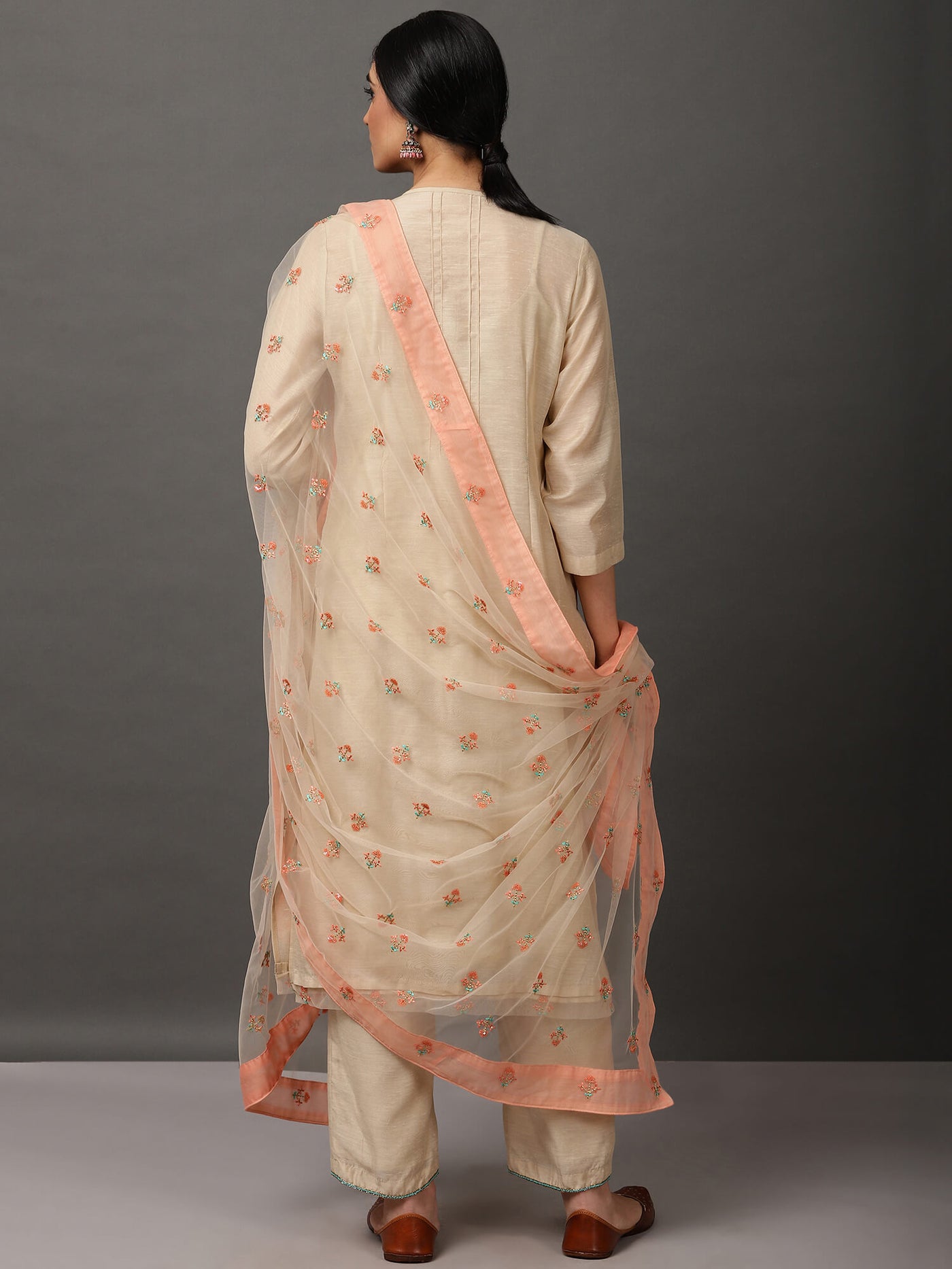 Beige Ecru Chanderi Kurta And Pant With Dupatta & Camisole