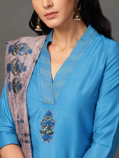 Blue Art Silk Suit Kurta, Pants & Dupatta Set