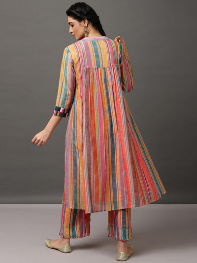 Multi-Color Stripe Chanderi Kurta And Pant With Camisole