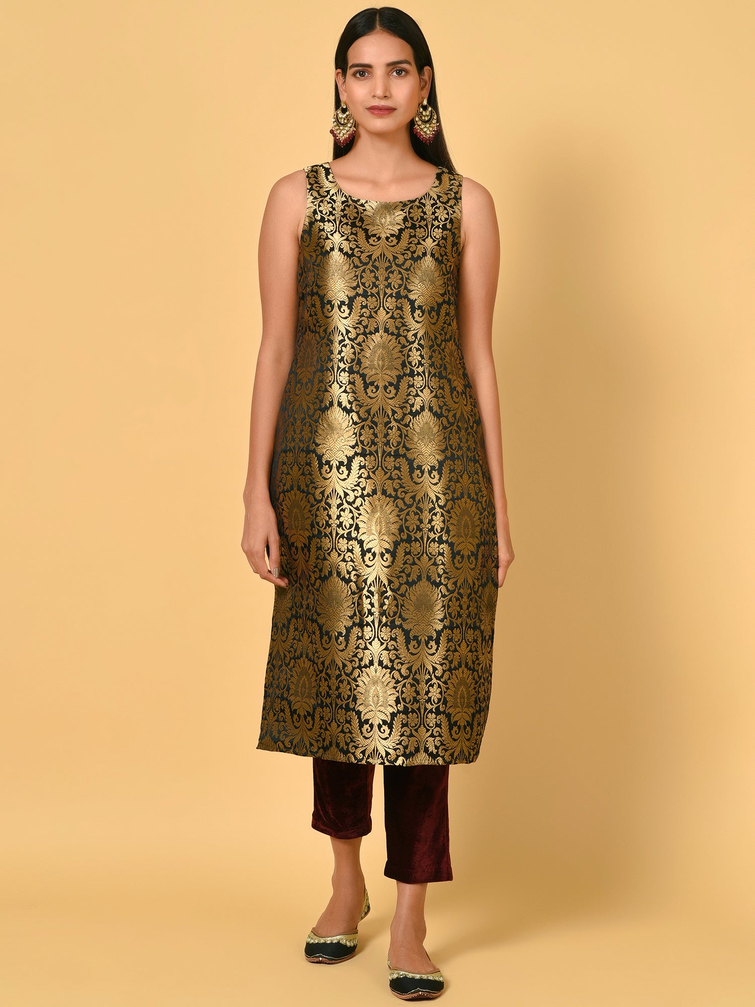 Vivid Black and Gold Kurta Pant and blazer set
