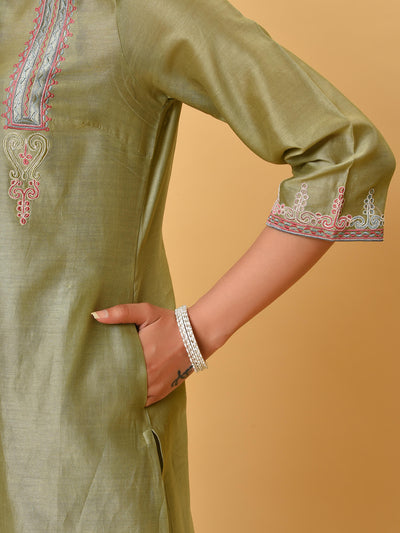 Green Short Kurta, Pant & Dupatta set